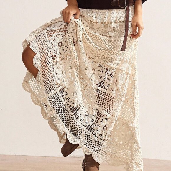 Apricot Casual Women's Boho Vacation Crochet Hollow-Out Sweater Skirt - Picture 6 of 10